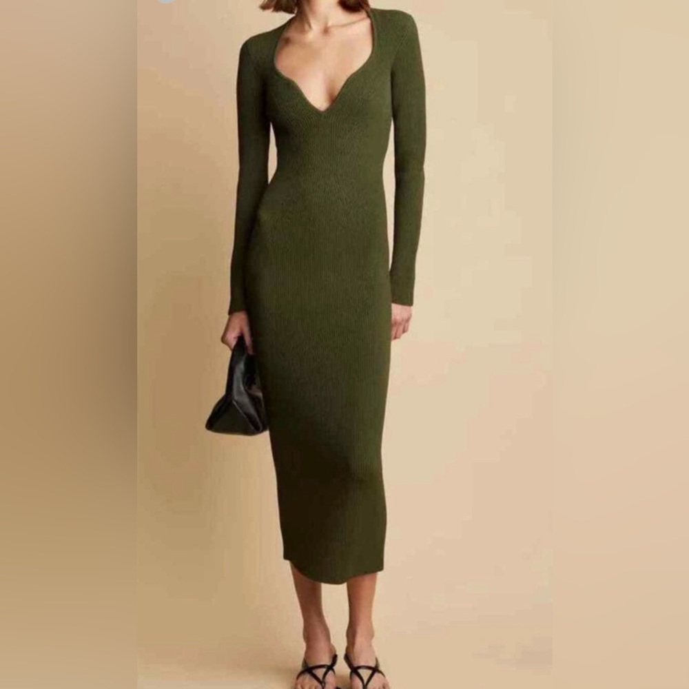 KHAITE Alessandra ribbed-knit midi dress size Medium in color seaweed NWT